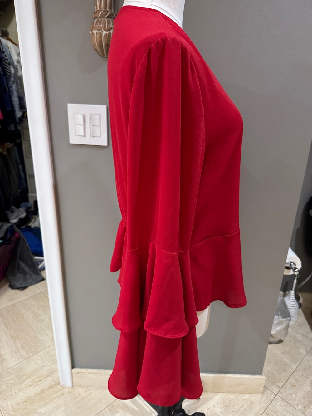 Vince Camuto Red V-Neck Button Peplum Blouse with Bell Sleeves - Picture 5 of 7